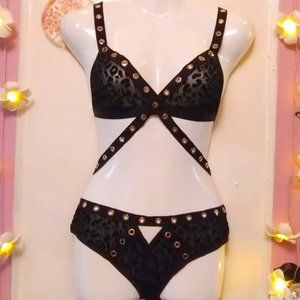 Leopard Print (M) Brass Trim Cutout Strappy Two Piece Lingerie Set - NWOT